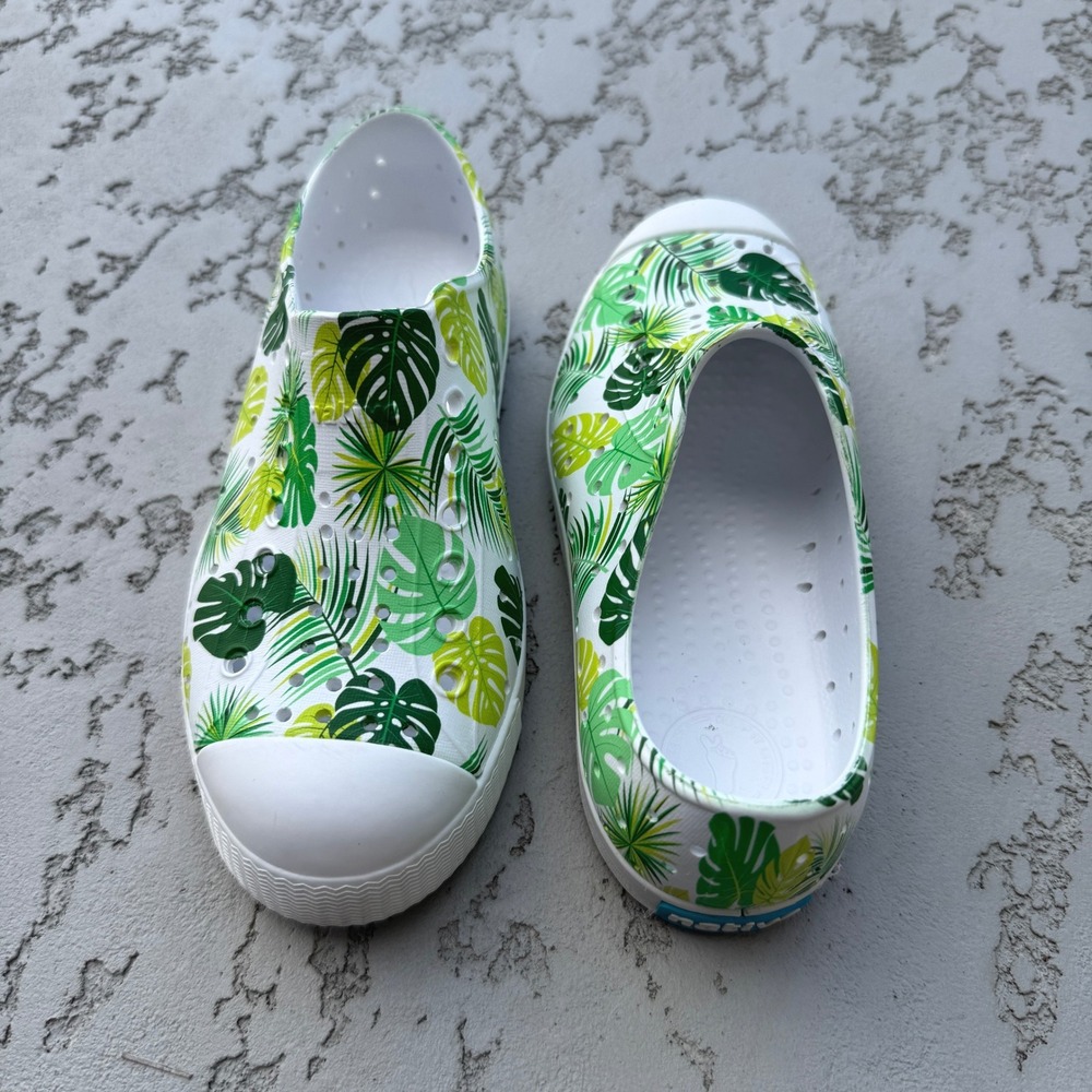 Native Jefferson Kids C13 Tropical Monstera Leaf Print Slip On Sneakers White